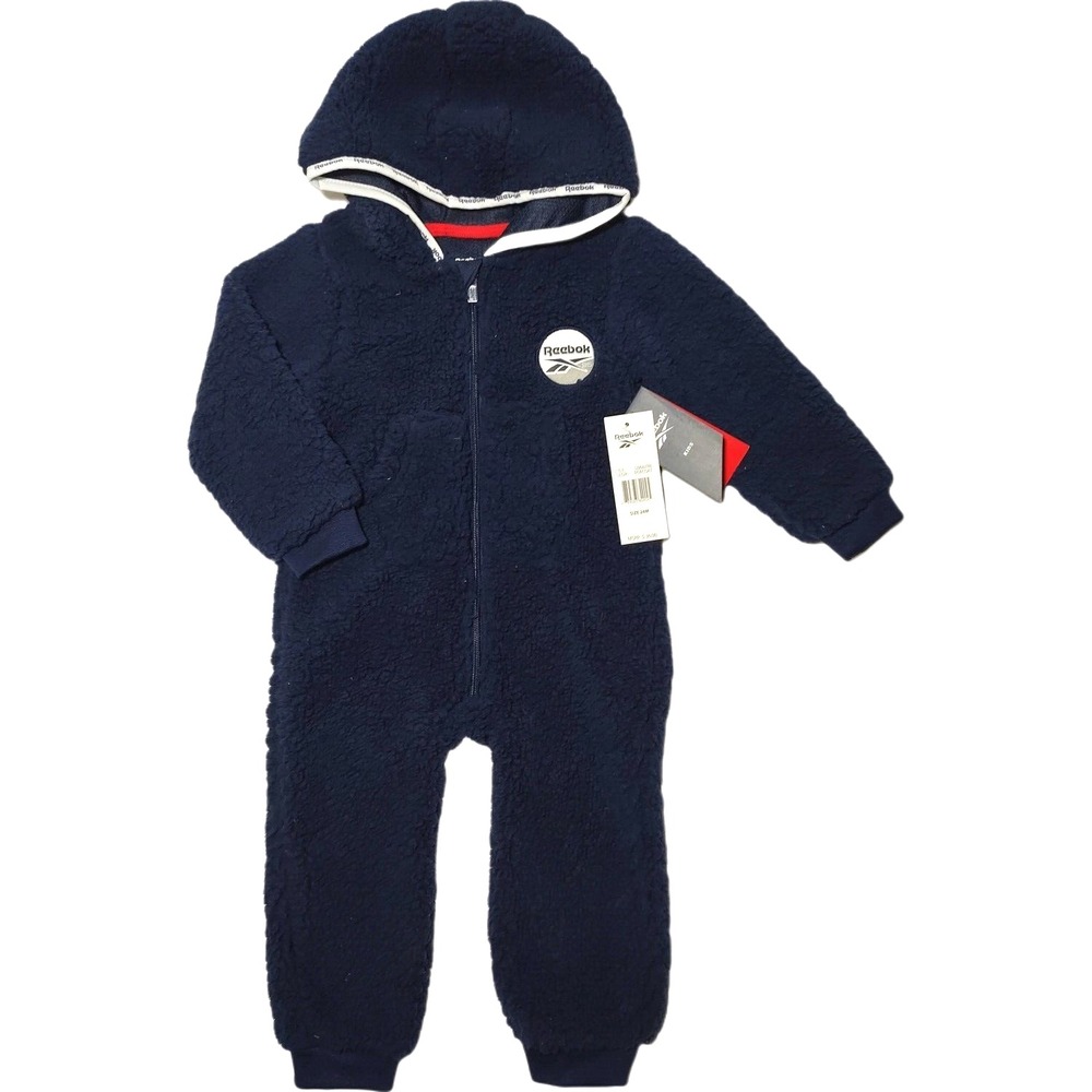 Reebox Navy Blue Sherpa Longall Outfit 24 Months Hooded Soft Baby 1pc Romper NWT